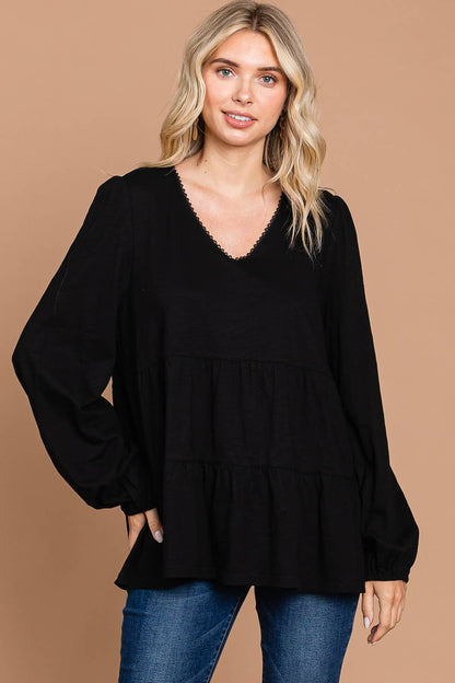 Black V Neck Cotton Tiered Tunic Top