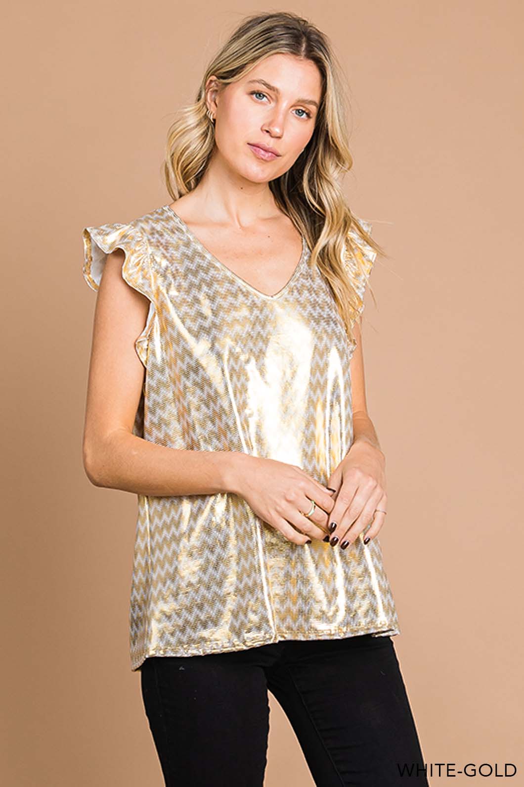 White Gold Ruffle Shoulder Cap Sleeve Blouse