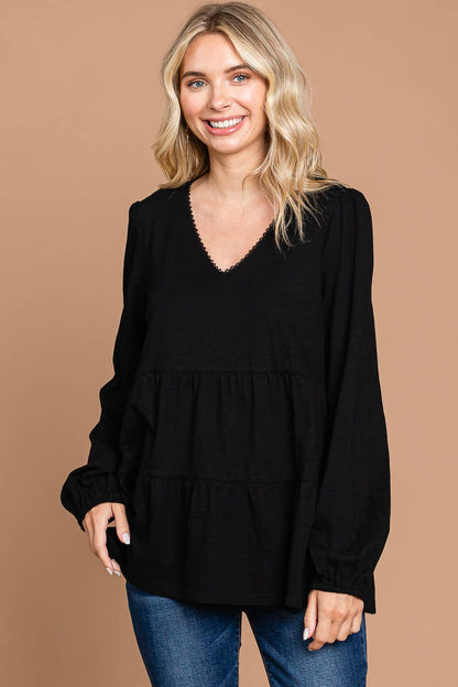 Black V Neck Cotton Tiered Tunic Top