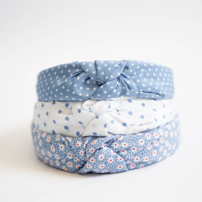 White with Blue Polkadots Fabric Headband