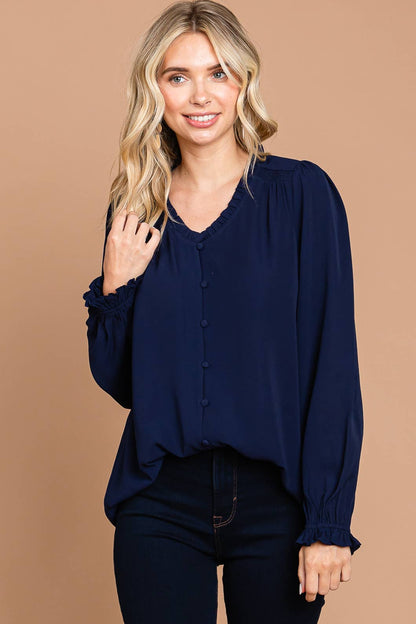 Navy Long Bishop Sleeve V Neck Button Down Blouse with Small Ruffle Detail