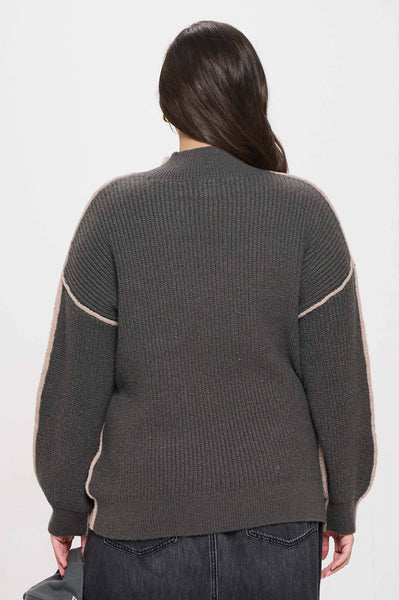 Mocha Front-to-Back Color Block Mock Neck Sweater (Includes Plus!)