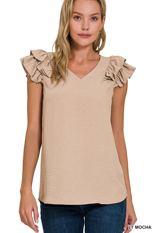 Light Mocha Woven Tiered Ruffle Sleeve Top