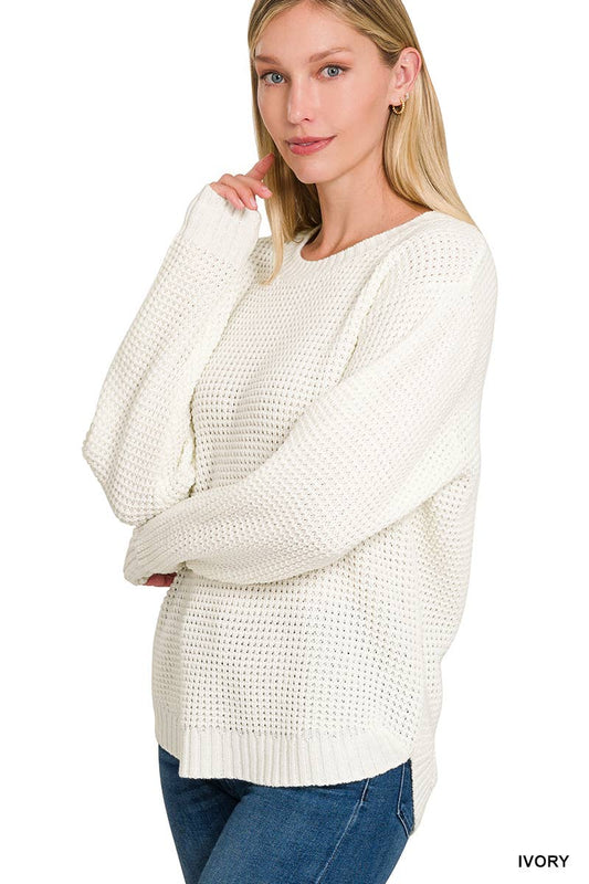 Hi Low Long Sleeve Round Neck Waffle Sweater (Available in 2 Colors!)