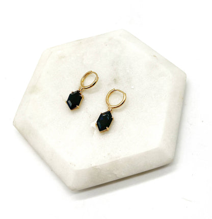 Black Diamond Shaped Gem Huggie Hoops