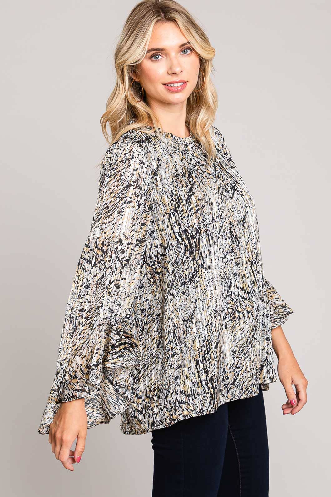 Black and Mustard Abstract Print Ruffle Sleeve Blouse