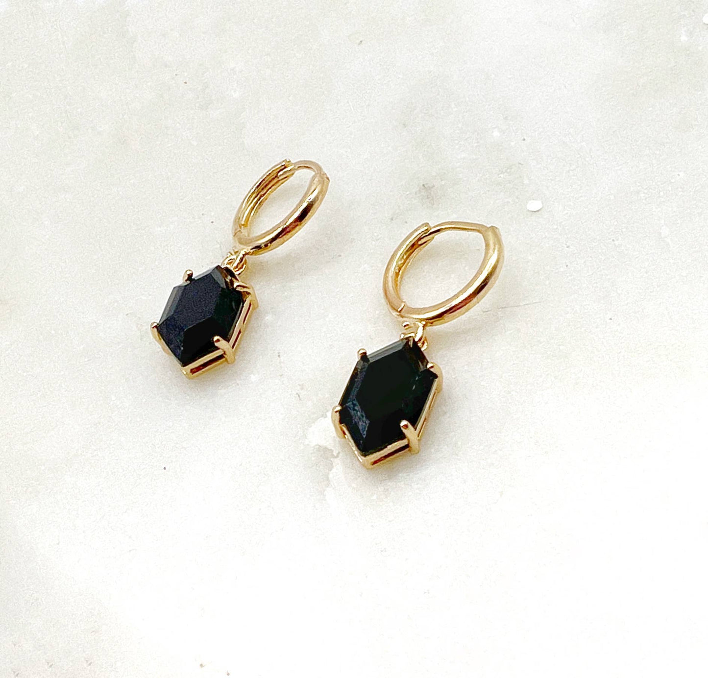 Black Diamond Shaped Gem Huggie Hoops