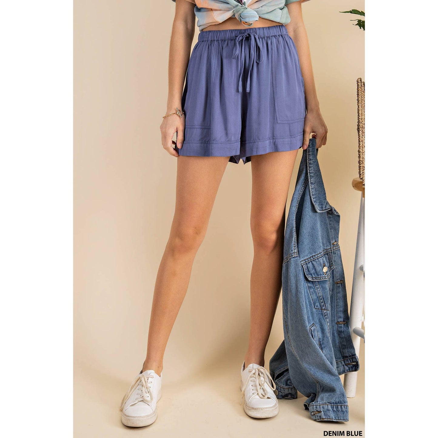 Blue Lightweight Textured Fabric Drawstring Short (Includes Plus!)