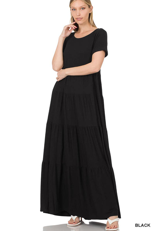 Black Short Sleeve Tiered Maxi Dress