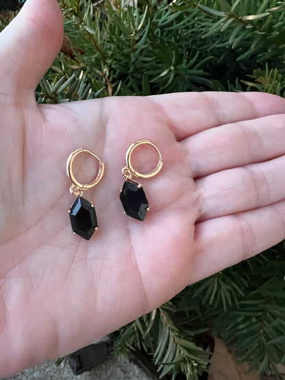 Black Diamond Shaped Gem Huggie Hoops