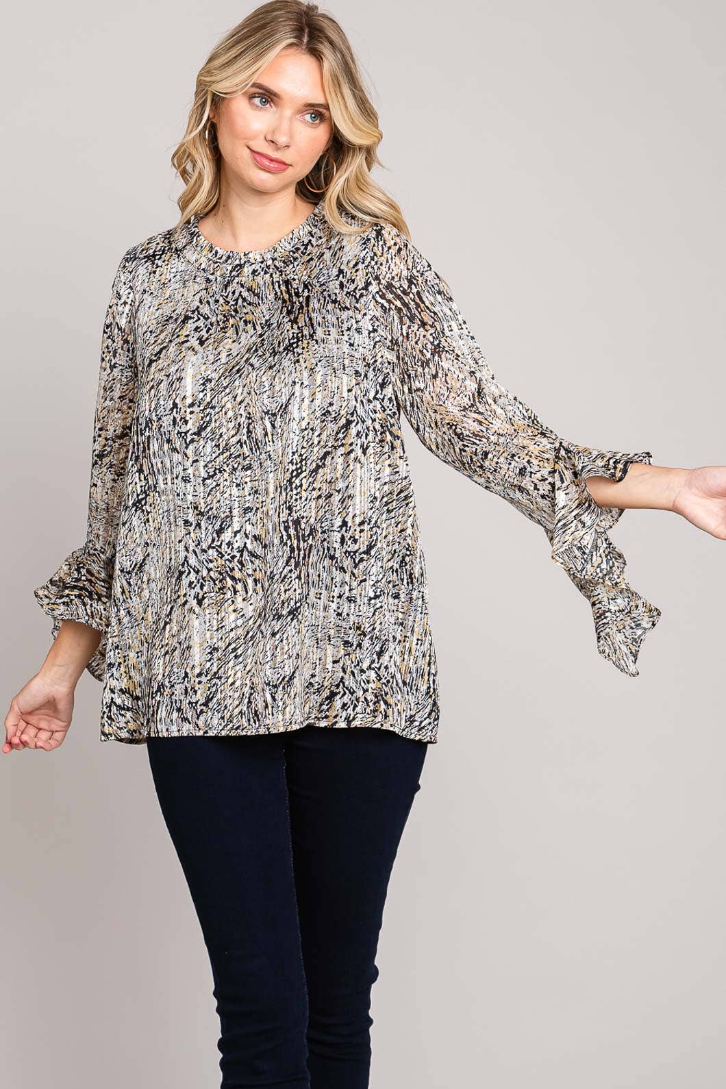 Black and Mustard Abstract Print Ruffle Sleeve Blouse