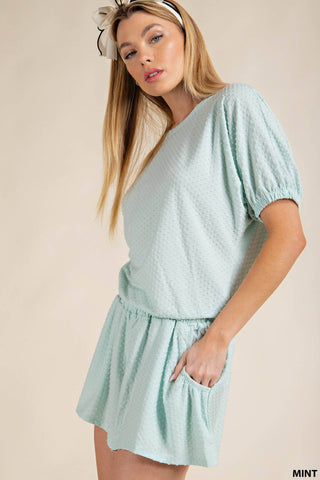 Mint Dolman Short Sleeve Top and Shorts Set with Swiss Dot Detail