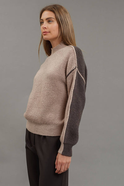 Mocha Front-to-Back Color Block Mock Neck Sweater (Includes Plus!)