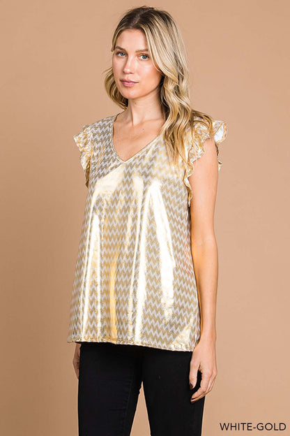 White Gold Ruffle Shoulder Cap Sleeve Blouse