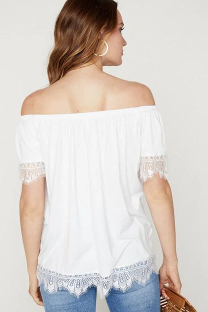 White Off The Shoulder Lace Trim Top