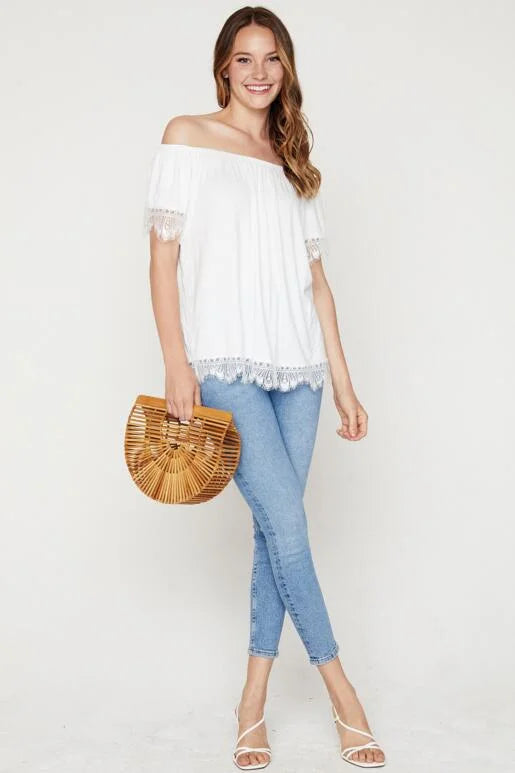 White Off The Shoulder Lace Trim Top