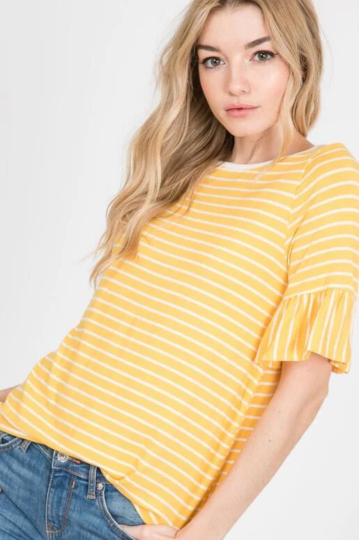 Gold with White Stripe Ruffle 1/2 Sleeve Top