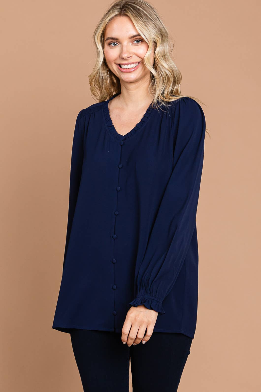 Navy Long Bishop Sleeve V Neck Button Down Blouse with Small Ruffle Detail