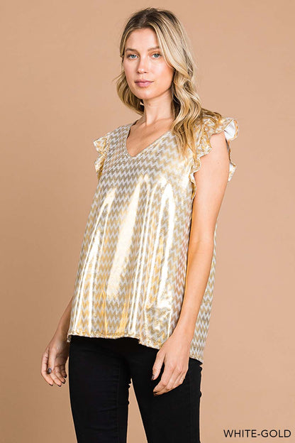 White Gold Ruffle Shoulder Cap Sleeve Blouse