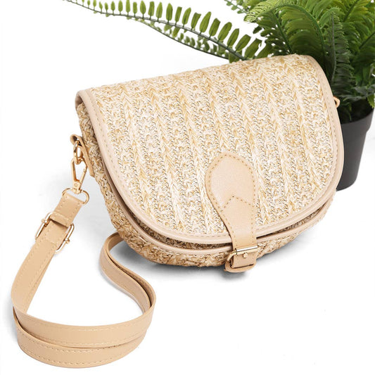 Light Tan Straw Round Bottom Crossbody Bag