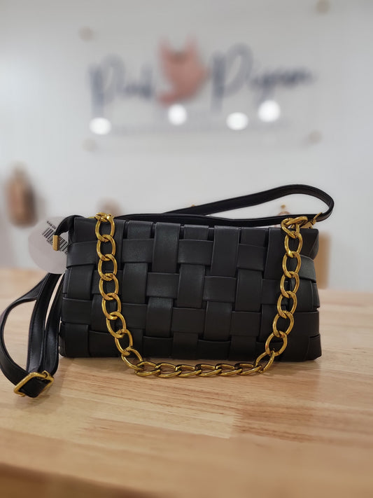 Black Vegan Leather Woven Crossbody Shoulder Bag