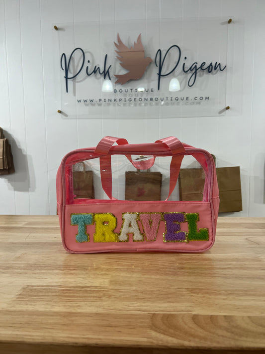 Pink Travel Chenille Letter Toiletries Bag