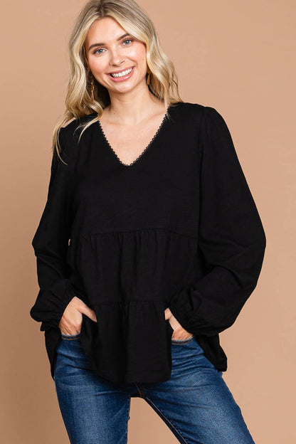 Black V Neck Cotton Tiered Tunic Top