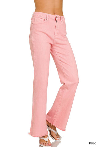 Pink Acid Washed Frayed Cutoff Hem Straight Wide Pants