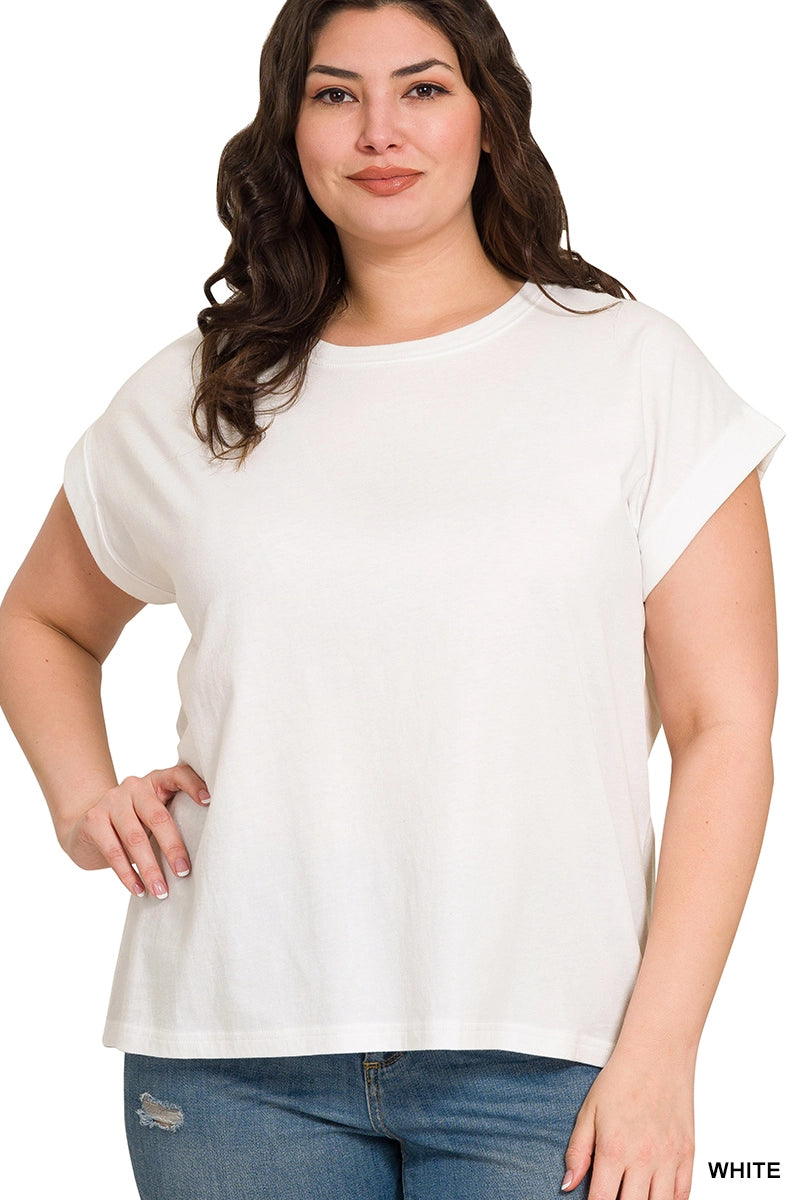 Round Neck Folded Short Sleeve T Shirt (Plus Size Exclusive!) Available in 5 Colors!