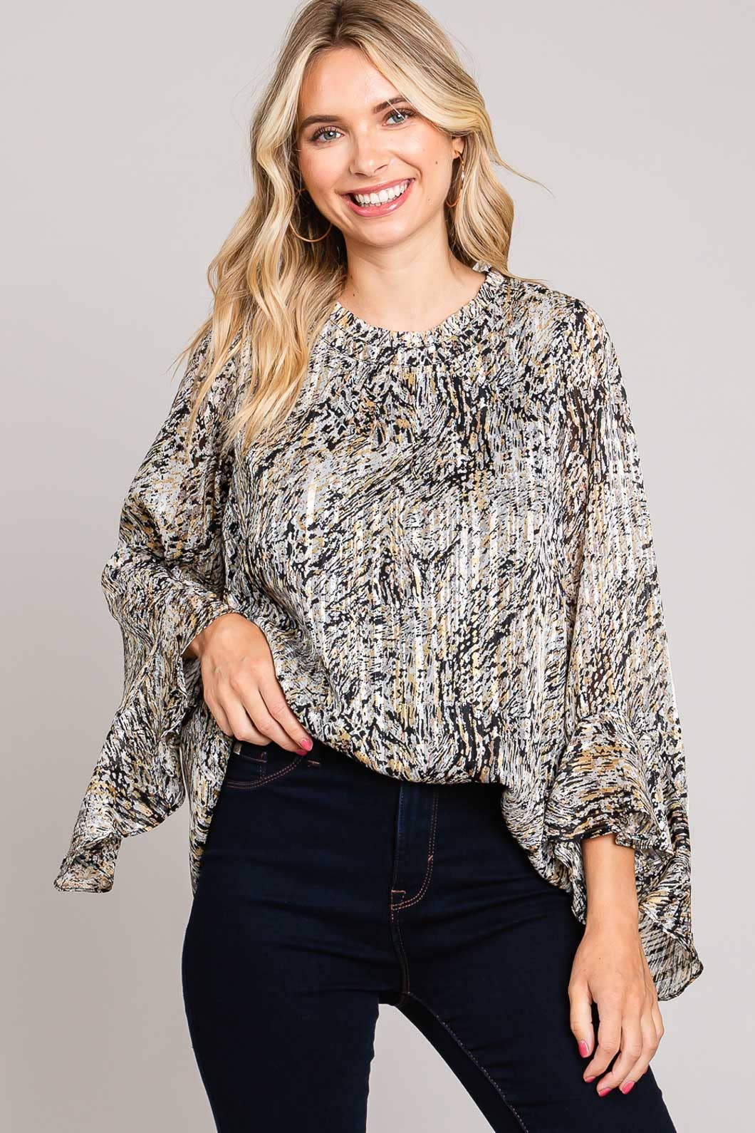 Black and Mustard Abstract Print Ruffle Sleeve Blouse