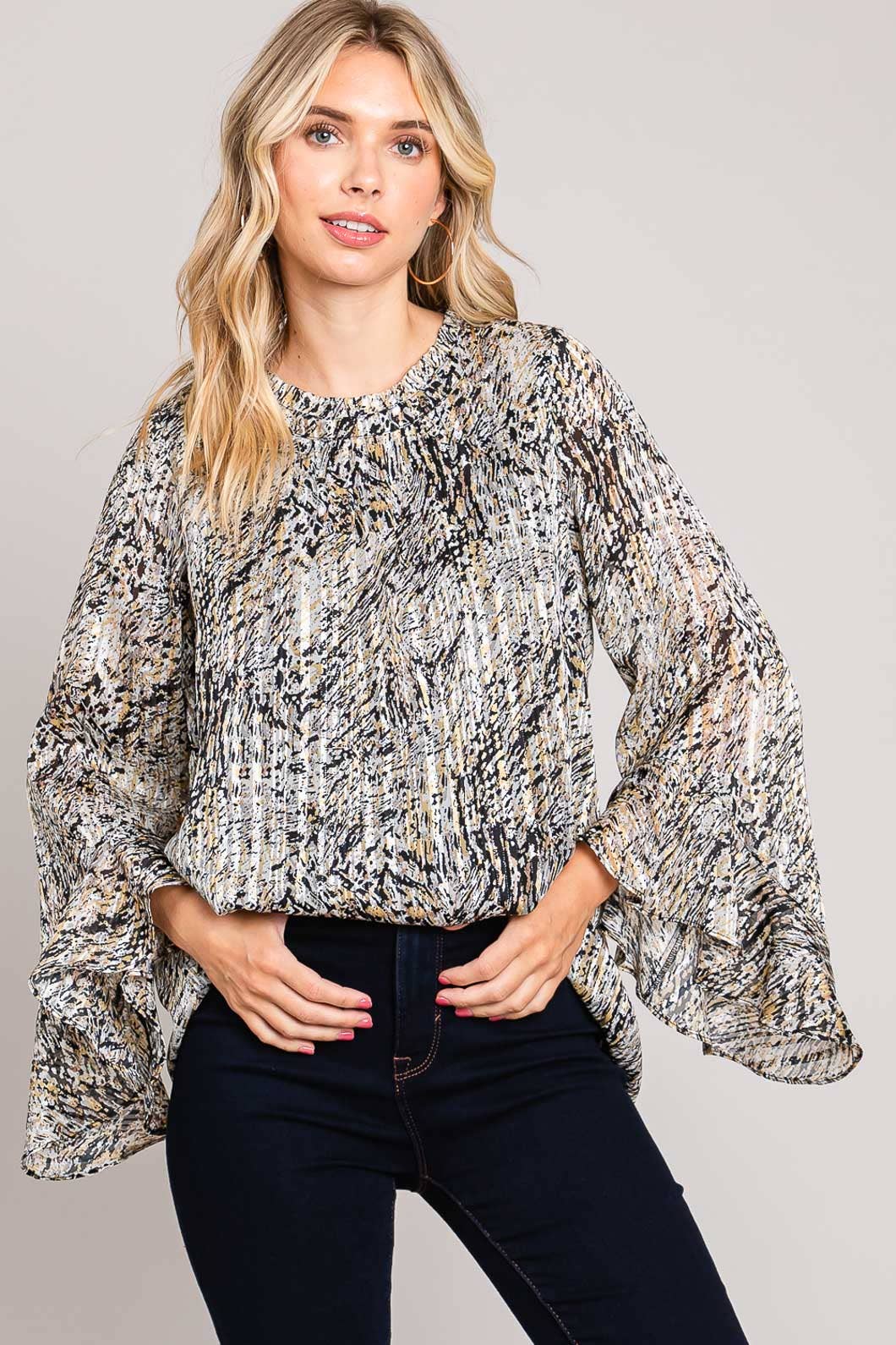 Black and Mustard Abstract Print Ruffle Sleeve Blouse