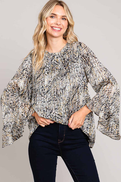 Black and Mustard Abstract Print Ruffle Sleeve Blouse