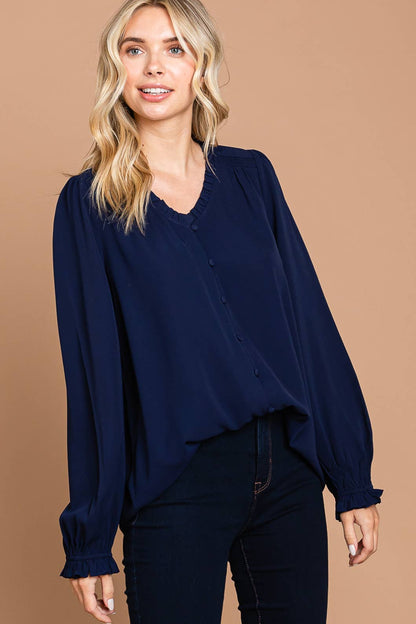 Navy Long Bishop Sleeve V Neck Button Down Blouse with Small Ruffle Detail