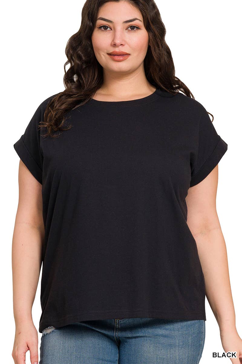 Round Neck Folded Short Sleeve T Shirt (Plus Size Exclusive!) Available in 5 Colors!