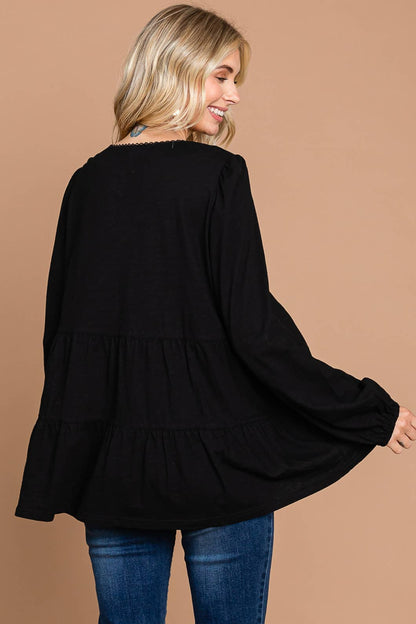 Black V Neck Cotton Tiered Tunic Top