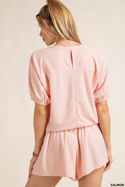 Salmon Pink Dolman Short Sleeve Top and Shorts Set with Swiss Dot Detail