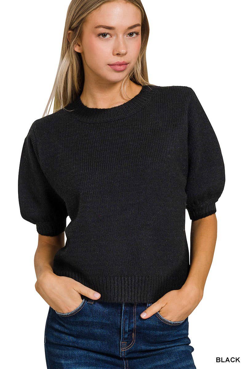 Melange Puff Short Sleeve Round Neck Sweater (Available in 2 Colors!)