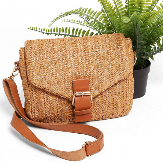 Dark Tan Straw Crossbody Bag