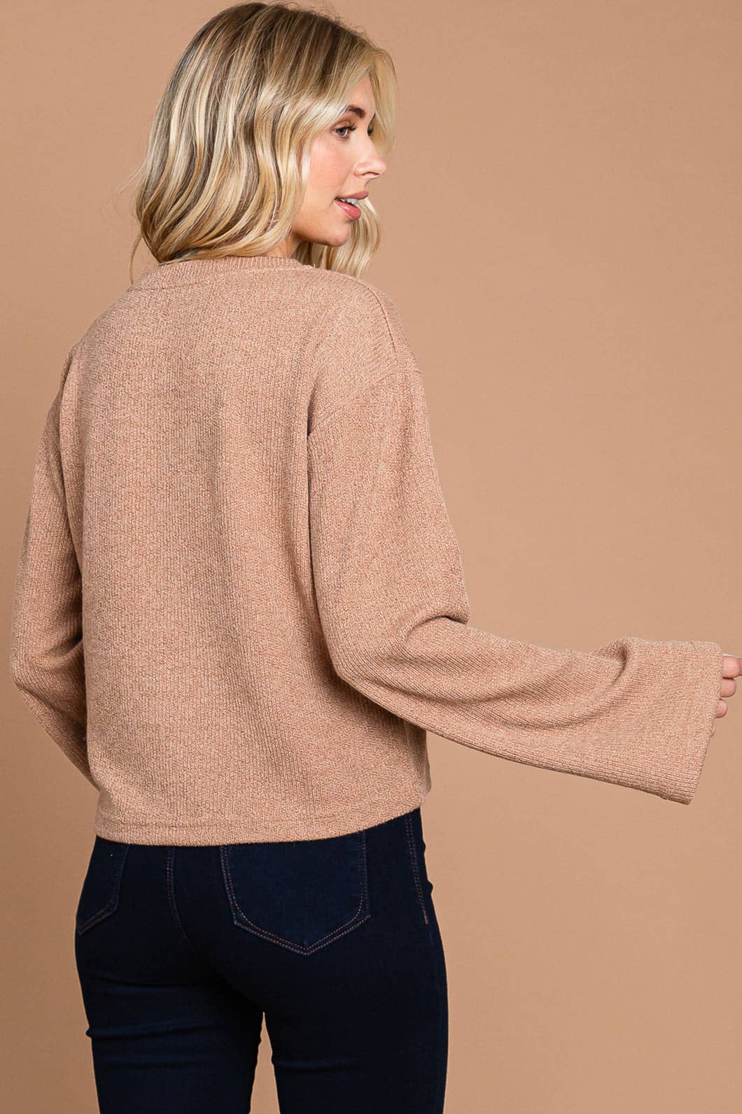 Taupe Ribbed Bell Sleeve Top