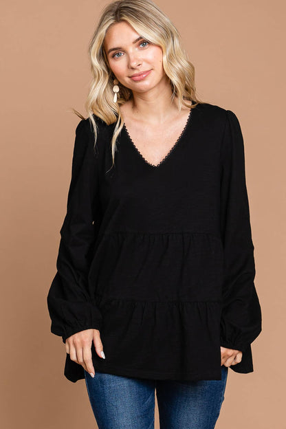 Black V Neck Cotton Tiered Tunic Top