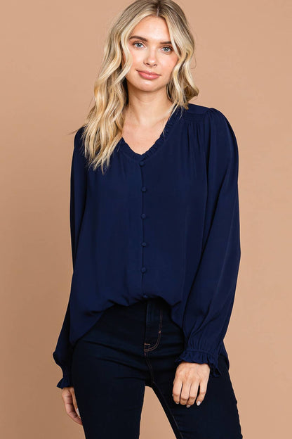 Navy Long Bishop Sleeve V Neck Button Down Blouse with Small Ruffle Detail