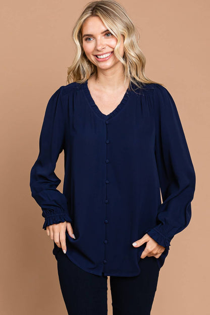 Navy Long Bishop Sleeve V Neck Button Down Blouse with Small Ruffle Detail