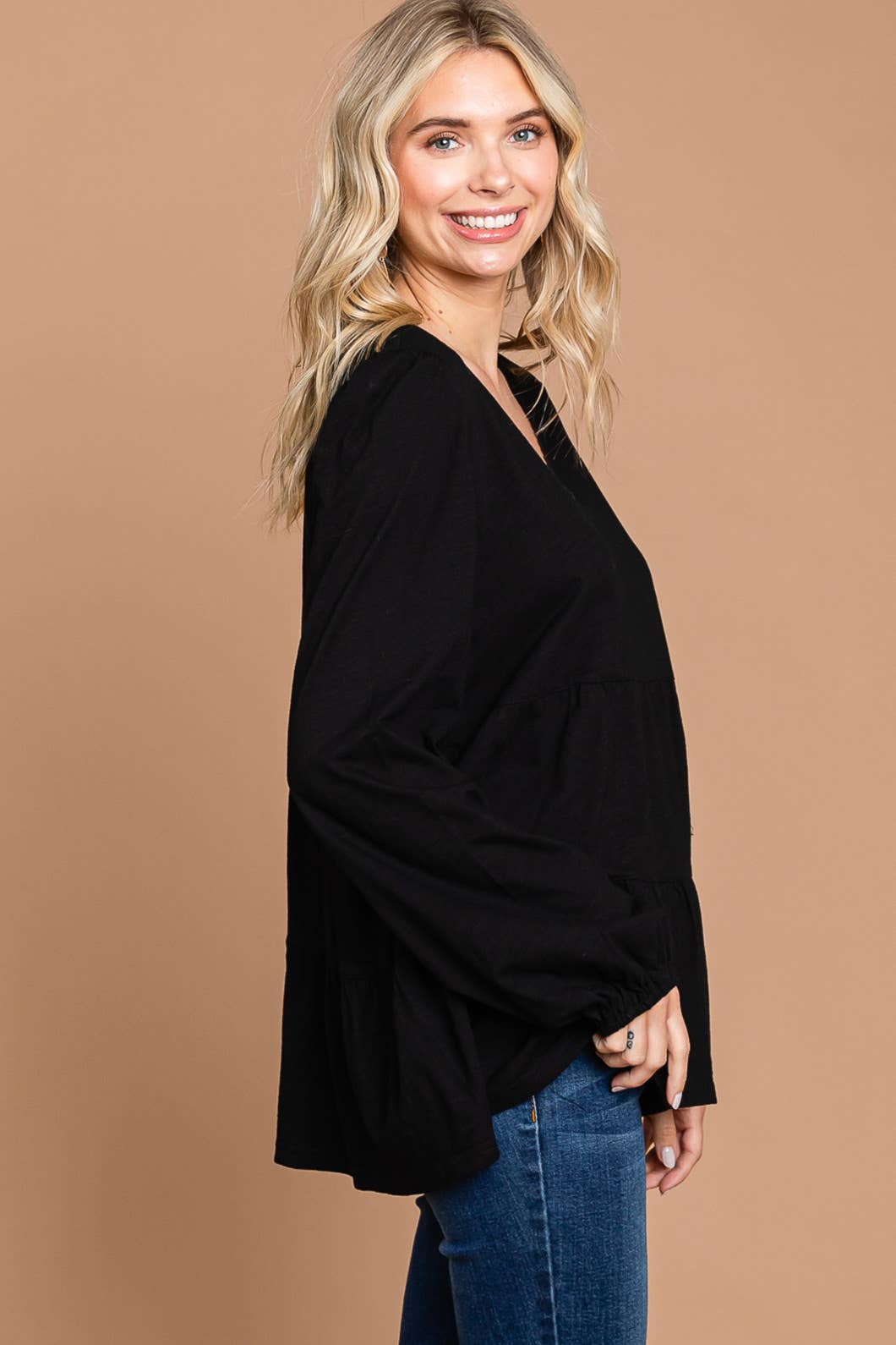 Black V Neck Cotton Tiered Tunic Top