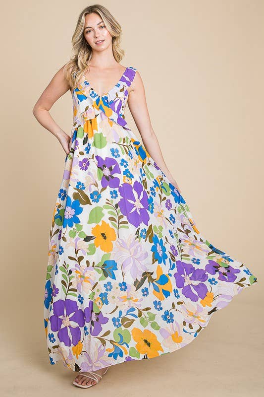 Floral Print Maxi Dress with Smocked Back