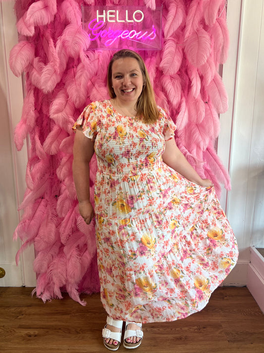 Ivory with Multi Colored Flowers Round Neck Dress (Plus Size Exclusive!)