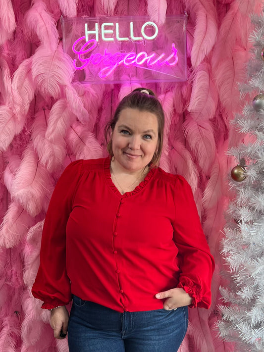 Red Long Bishop Sleeve V Neck Button Down Blouse with Small Ruffle Detail