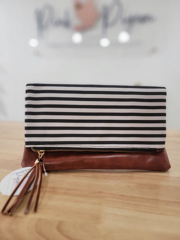Black and White Fold Over Faux Leather Zipper Clutch