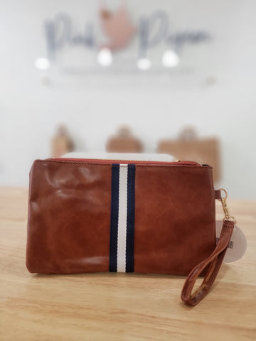 Navy and White Preppy Stripe Faux Leather Zipper Clutch
