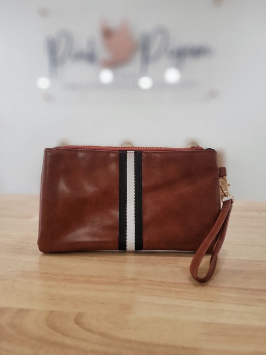 Black and White Preppy Stripe Faux Leather Zipper Clutch