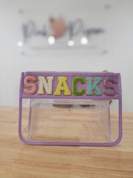 "Snacks" Chenille Letter Clear Pouch